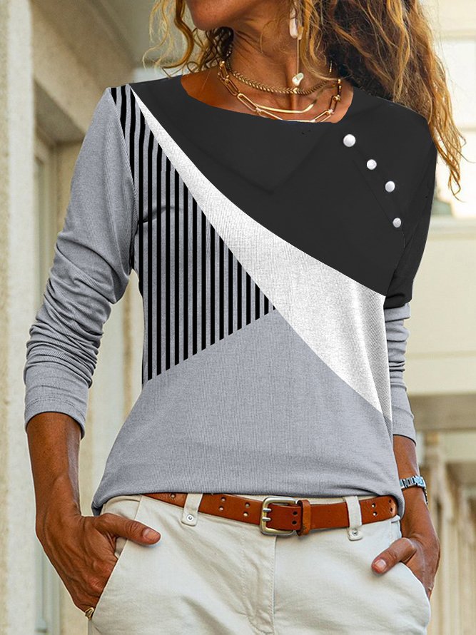 Casual Long Sleeve Color Block Loose Regular Blouse