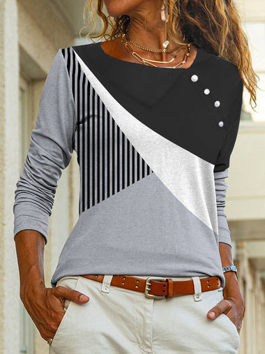 Casual Long Sleeve Color Block Loose Regular Blouse