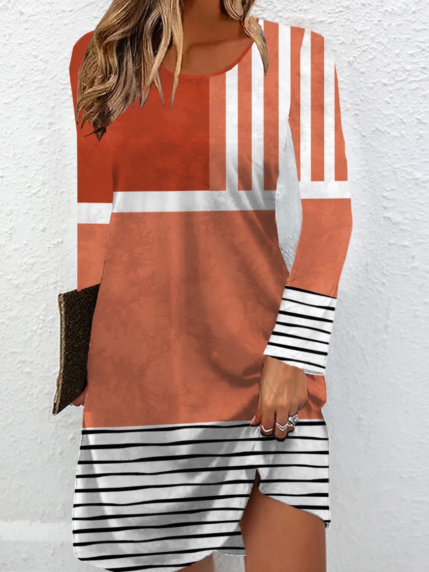 Casual Long Sleeve Crew Neck Striped Loose Short Dress