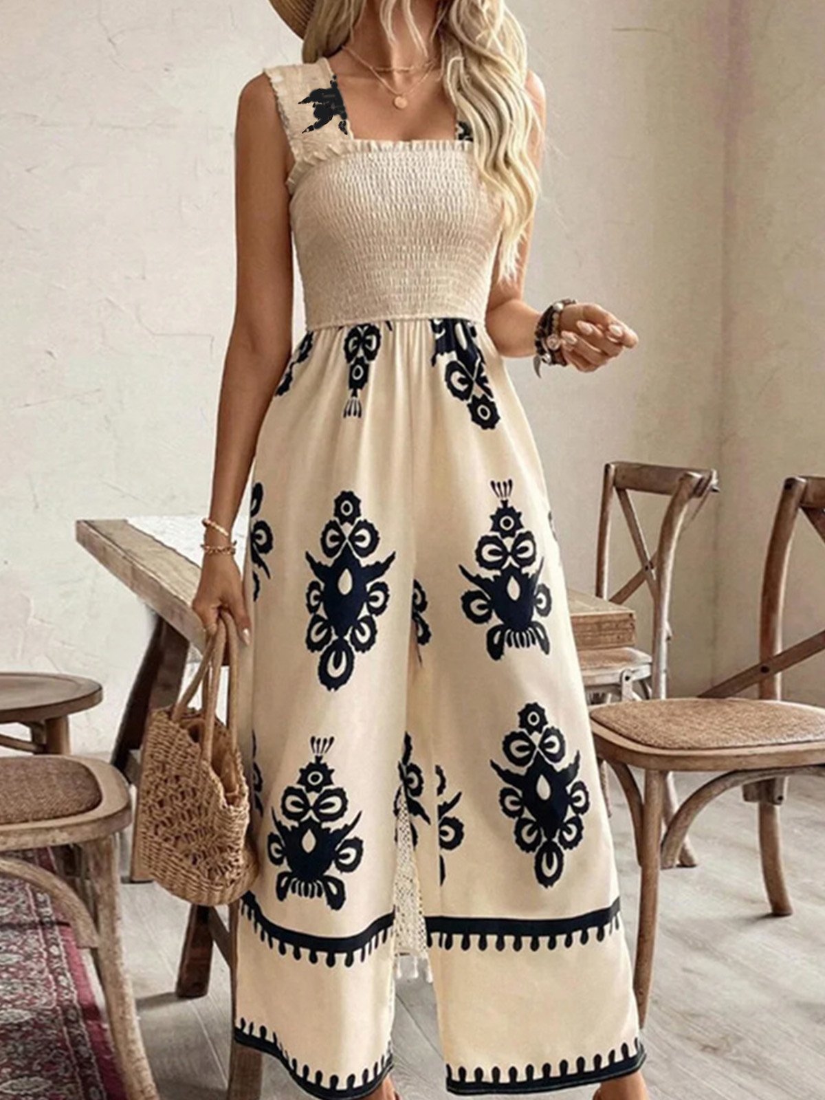 Loose Spaghetti Sleeveless Random Print Vacation Long Jumpsuit