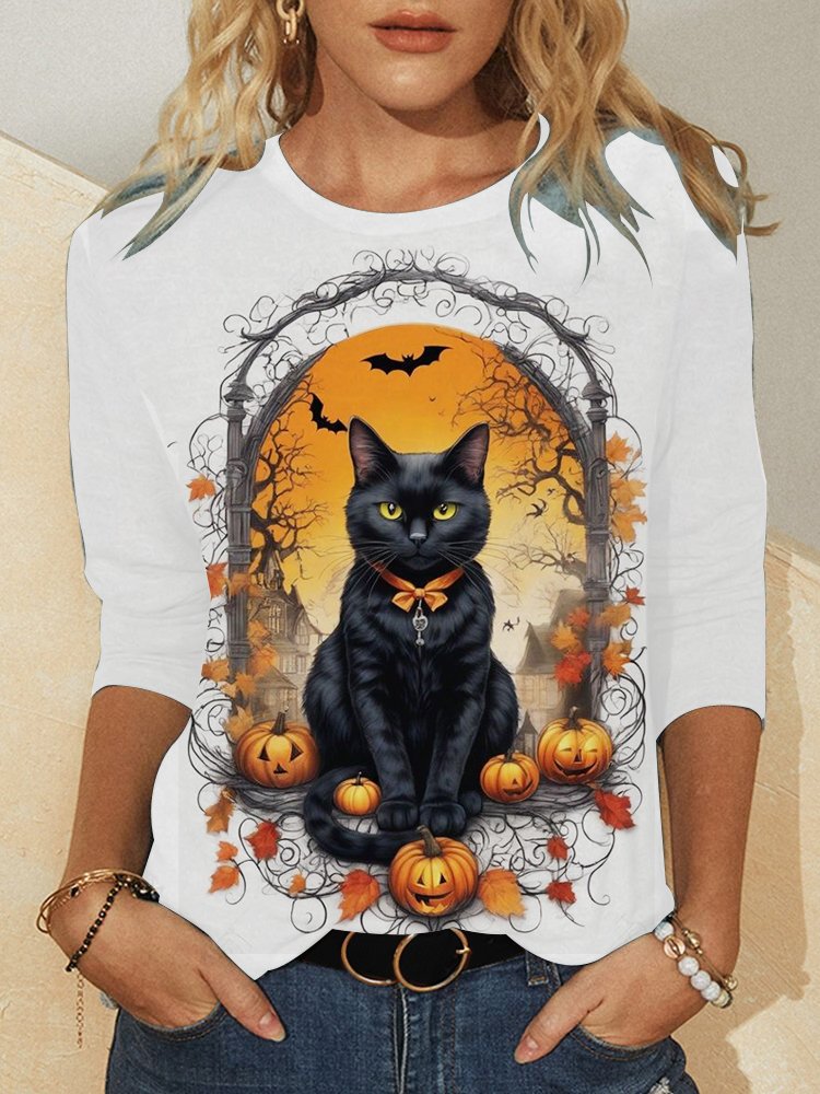 Vintage Long Sleeve Crew Neck Cat Loose Regular Blouse