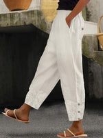 Linen Floral Buttoned Lace Loose Long Pants