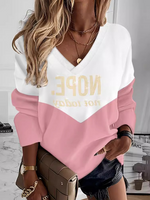 Loose Long Sleeve V Neck Color Block Casual Regular Sweatshirt