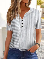 Casual Short Sleeve V Neck Striped Loose Regular Blouse