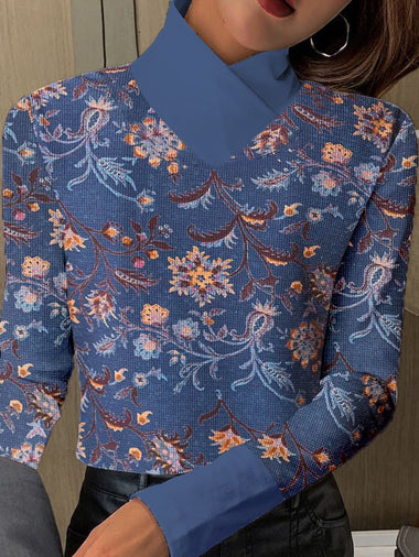 Vintage Long Sleeve Mock Neck Floral Paisley Ethnic Regular T-Shirt