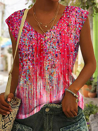 Casual Sleeveless V Neck Floral Loose Regular Tank Top