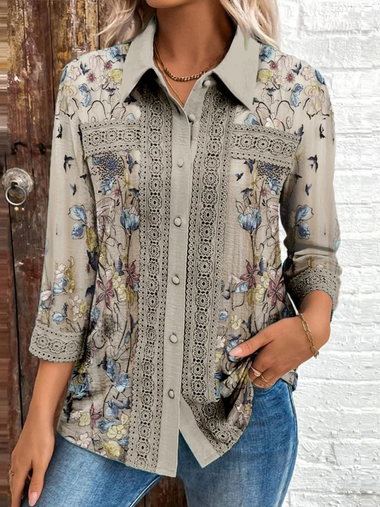 Casual Three Quarter Sleeve Shirt Collar Floral Loose Regular Blouse