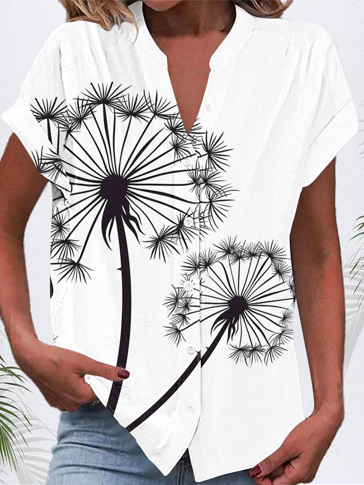 Loose Short Sleeve V Neck Dandelion Casual Regular Shirt