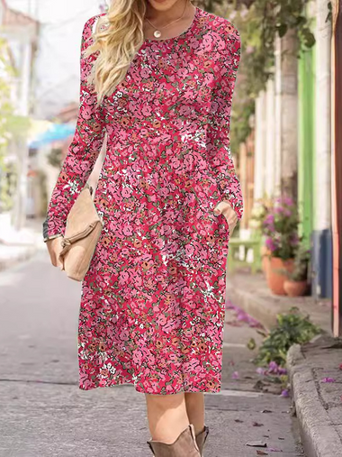 Casual Long Sleeve Crew Neck Floral Midi Dress