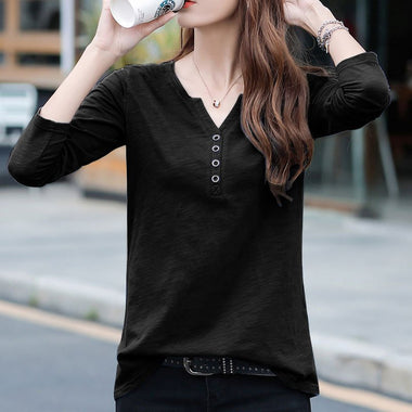 Casual Long Sleeve V Neck Plain Loose Regular T-Shirt