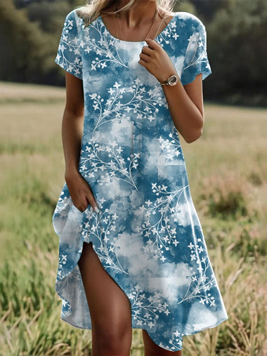 Casual Short Sleeve Crew Neck Floral Loose Midi Dress