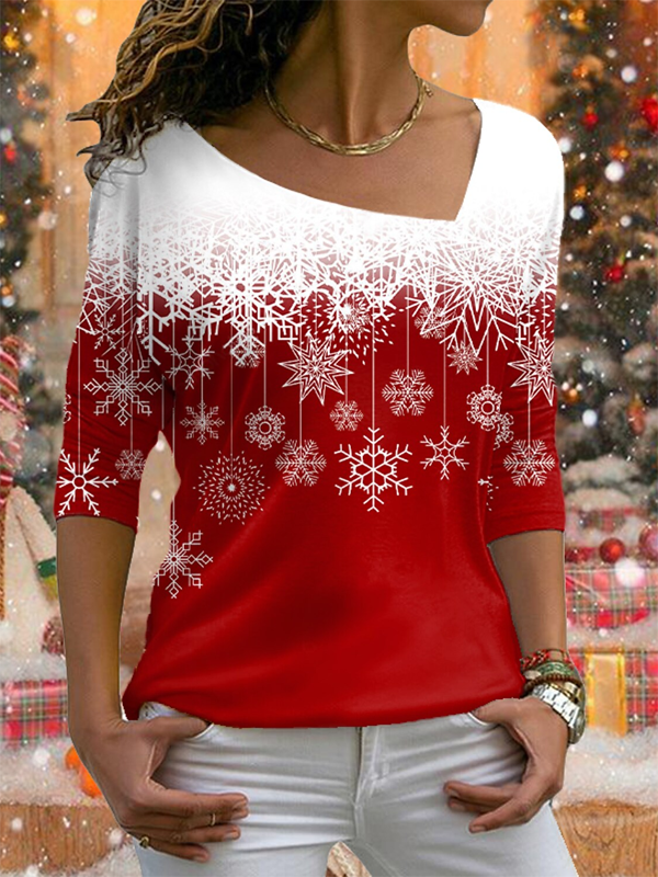 Casual Long Sleeve Asymmetrical Christmas Loose Regular T-Shirt