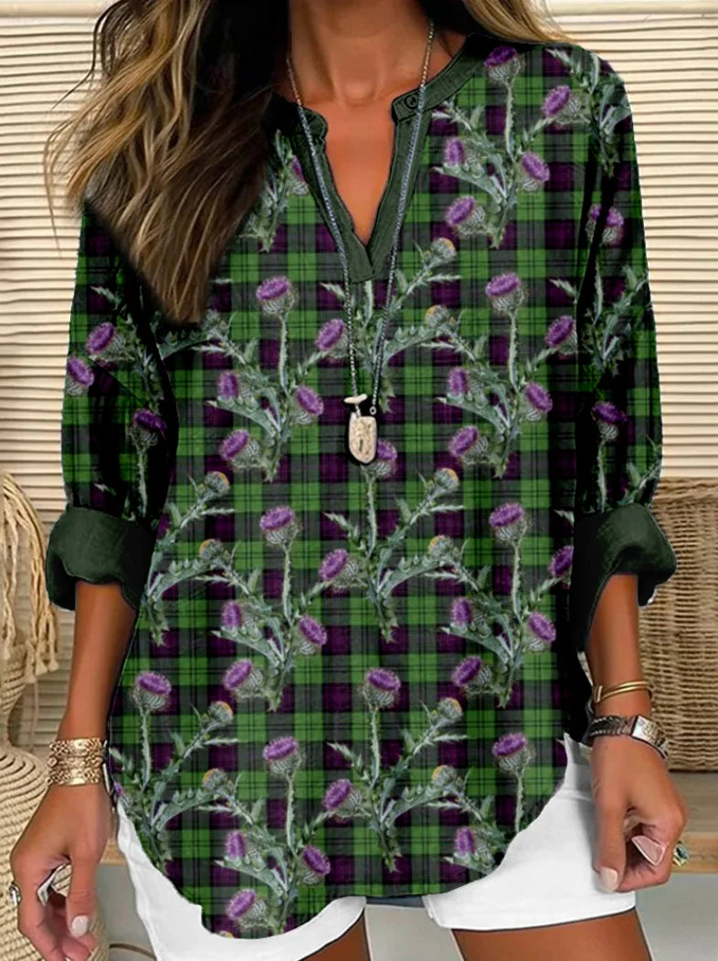 Casual Long Sleeve V Neck Plaid Regular Shirt