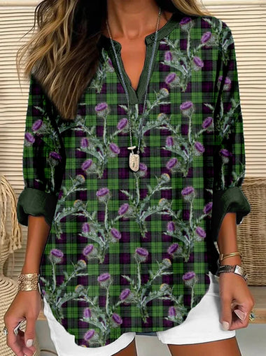 Casual Long Sleeve V Neck Plaid Regular Shirt