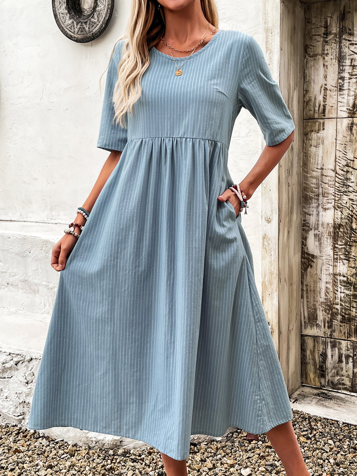 Casual Half Sleeve Crew Neck Striped Loose Midi Dress