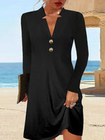 Casual Long Sleeve V Neck Plain Loose Short Dress