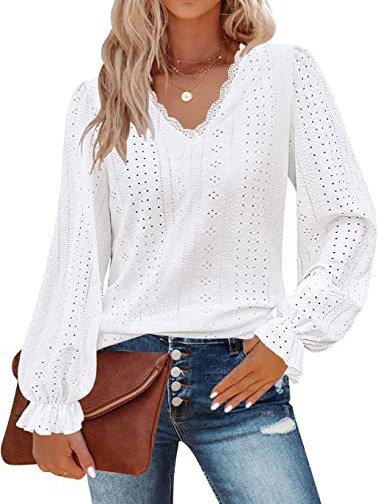 Loose Long Sleeve V Neck Plain Casual Regular Blouse