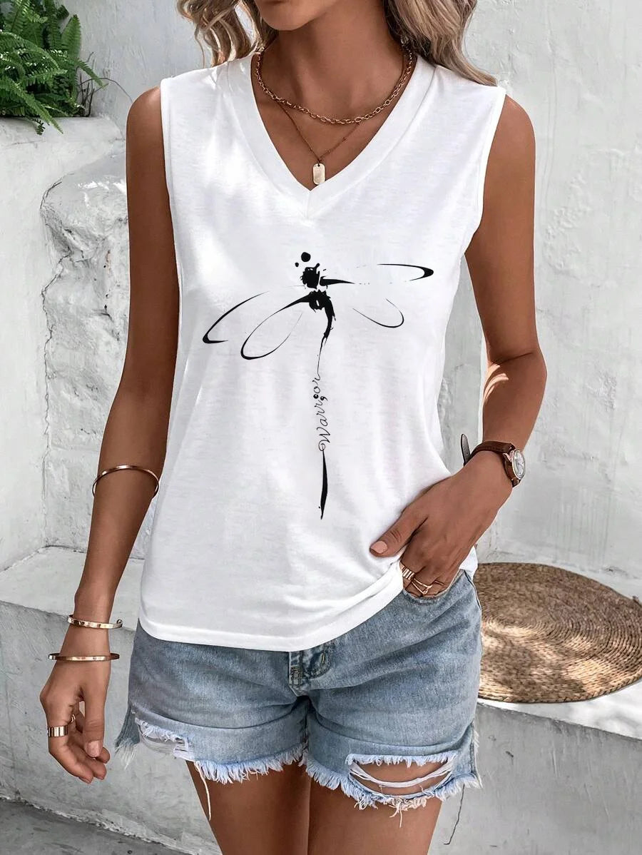 Loose Sleeveless V Neck Dragonfly Casual Regular Tank Top