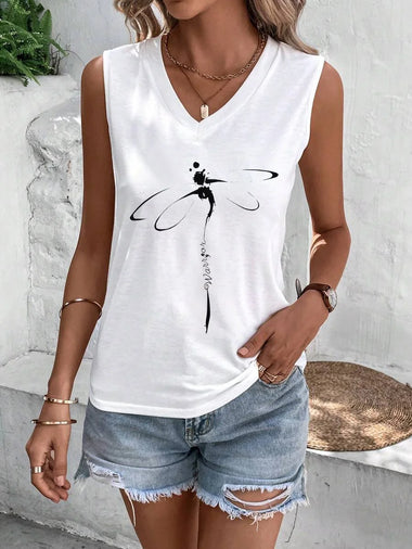 Loose Sleeveless V Neck Dragonfly Casual Regular Tank Top