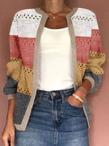 Loose Wrap Long Sleeve Color Block Jacquard Casual Regular Cardigan