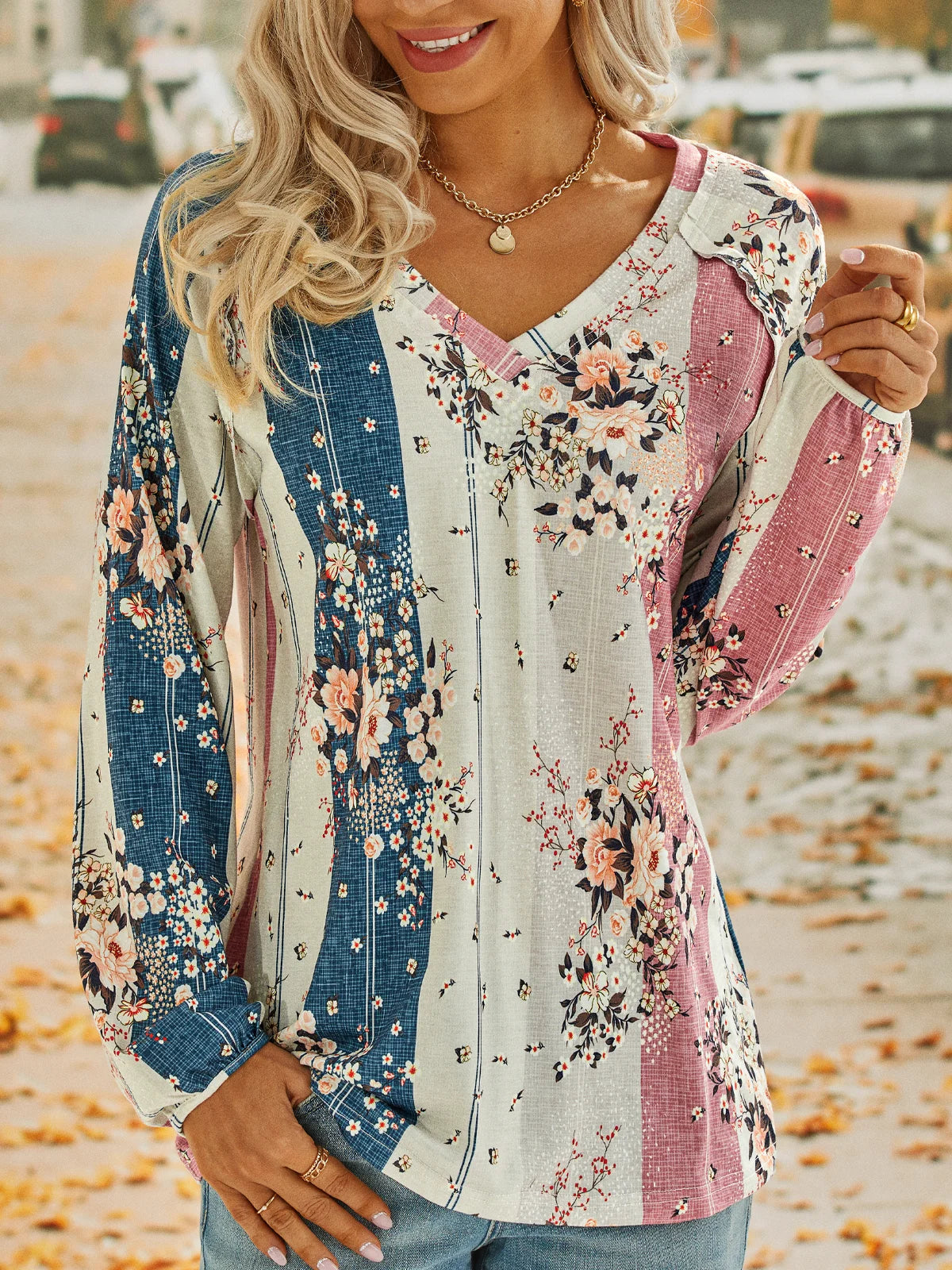 Casual Long Sleeve V Neck Floral Loose Regular T-Shirt