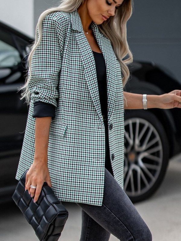 Loose Lapel Collar Long Sleeve Houndstooth Casual Regular Coat