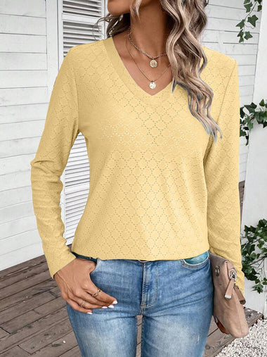 Loose Long Sleeve V Neck Plain Casual Regular Blouse