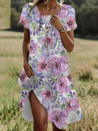 Casual Short Sleeve Crew Neck Floral Loose Short Dress