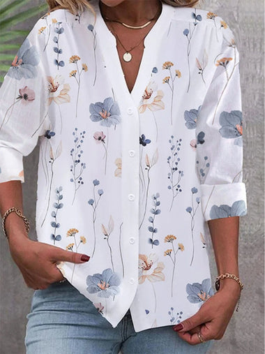 Loose Long Sleeve V Neck Floral Casual Regular Shirt