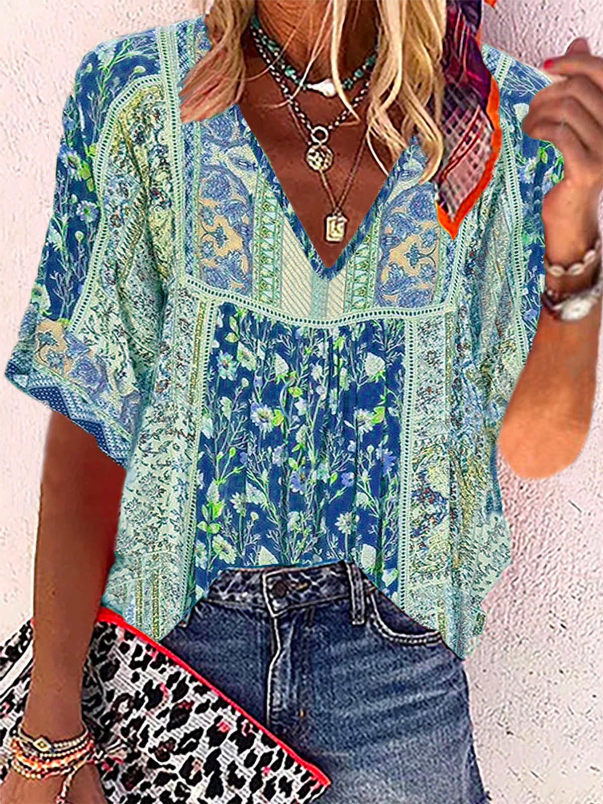 Loose Short Sleeve V Neck Floral Casual Regular Blouse