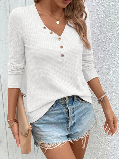 Casual Long Sleeve V Neck Plain Loose Regular Blouse