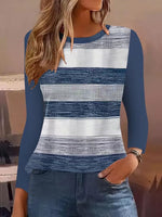 Loose Long Sleeve Crew Neck Striped Casual Regular T-Shirt