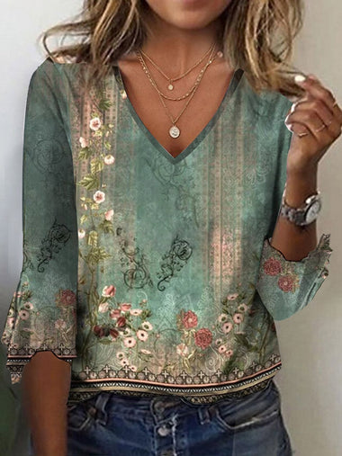 Casual Three Quarter Sleeve V Neck Ethnic Loose Regular Blouse