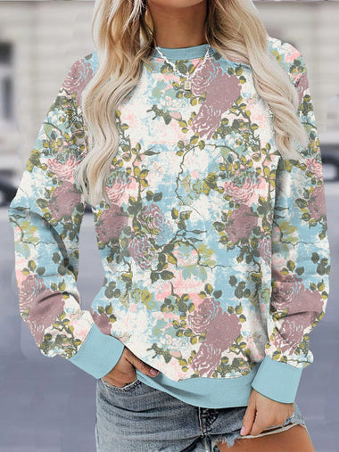 Vintage Long Sleeve Crew Neck Floral Loose Regular Sweatshirt