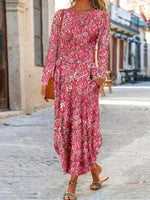 Casual Long Sleeve Crew Neck Disty Floral Loose Maxi Dress