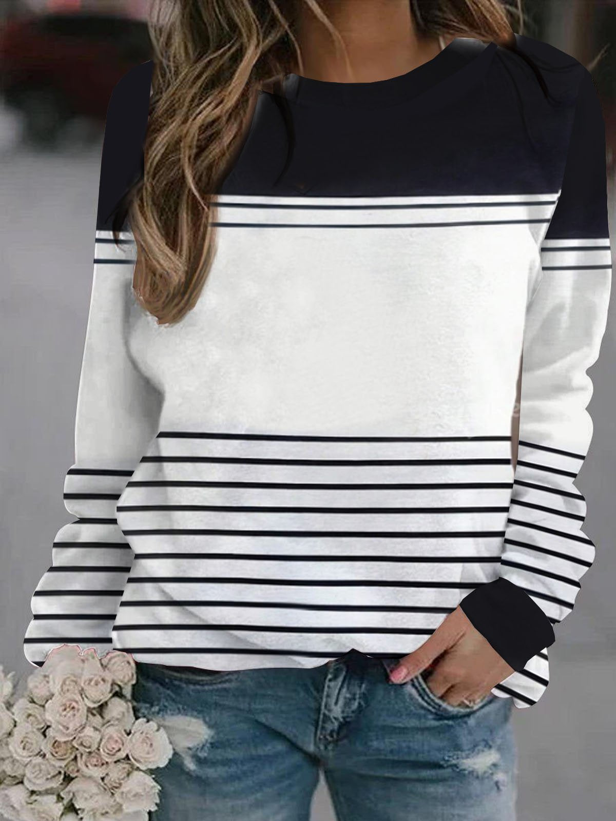 Loose Long Sleeve Crew Neck Striped Casual Regular Sweatshirt