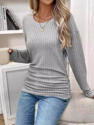 Casual Long Sleeve Crew Neck Plain Loose Regular Blouse