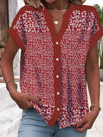 Loose Short Sleeve V Neck Floral Casual Regular Shirt