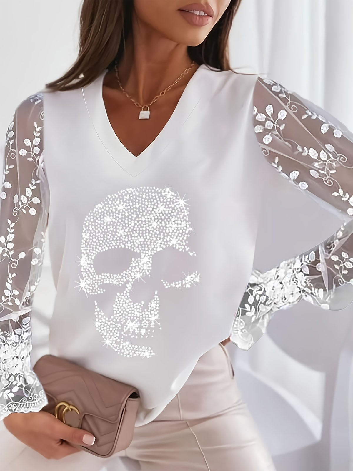 Casual Long Sleeve V Neck Skull Loose Regular Blouse