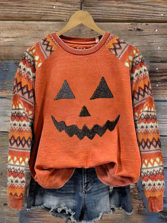 Vintage Long Sleeve Crew Neck Ethnic Loose Regular Sweatshirt