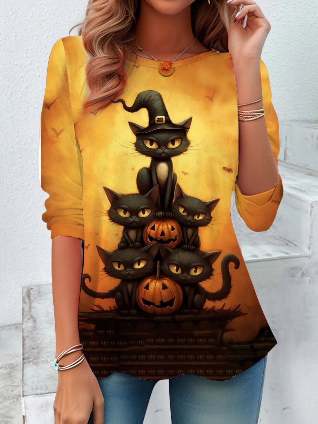 Vintage Long Sleeve Crew Neck Halloween Loose Regular Blouse