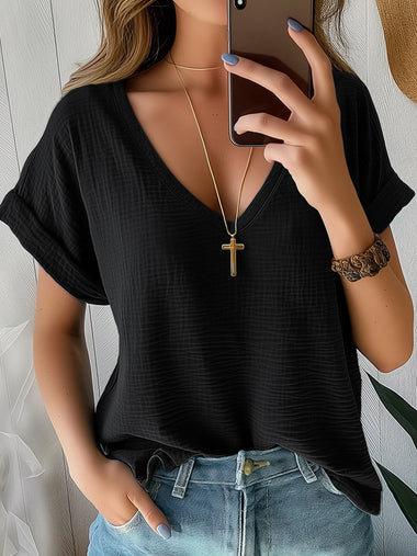 Casual Short Sleeve V Neck Plain Loose Regular Blouse