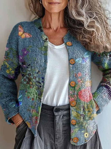 Loose Crew Neck Long Sleeve Floral Zipper Casual Regular Jacket