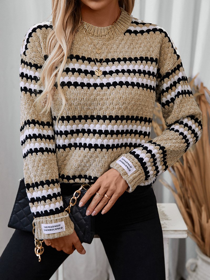 Casual Long Sleeve Crew Neck Striped Loose Regular Sweater