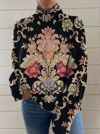 Loose Long Sleeve Turtleneck Floral Casual Regular Sweatshirt