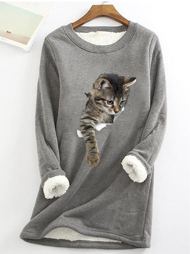 Simple Long Sleeve Crew Neck Cat Loose Regular Sweatshirt