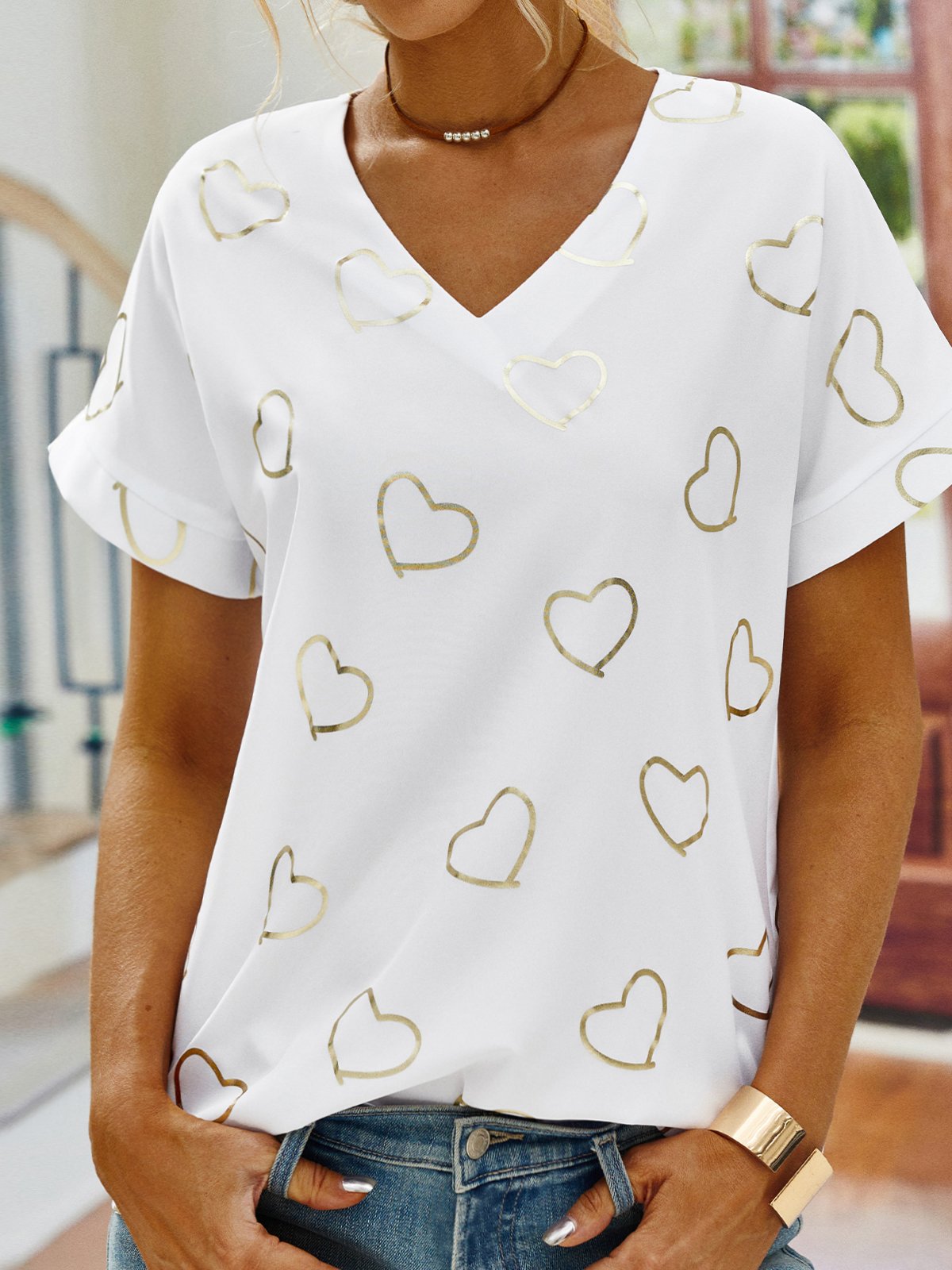 Casual Short Sleeve V Neck Heart/Cordate Regular Blouse