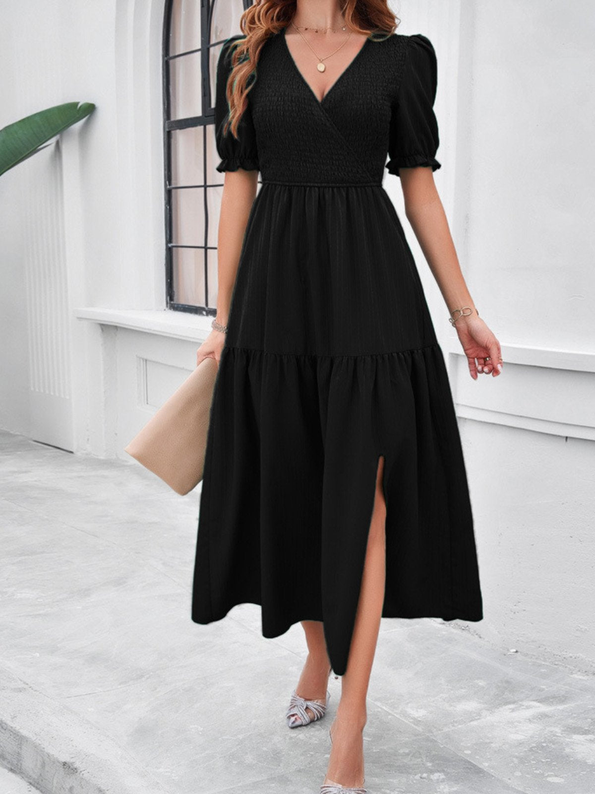 Vacation Short Sleeve V Neck Plain Midi Dress