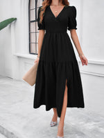 Vacation Short Sleeve V Neck Plain Midi Dress