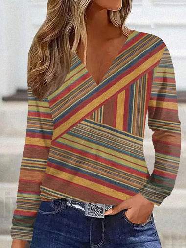 Long Sleeve V Neck Multicolor Block Vintage Regular T-Shirt